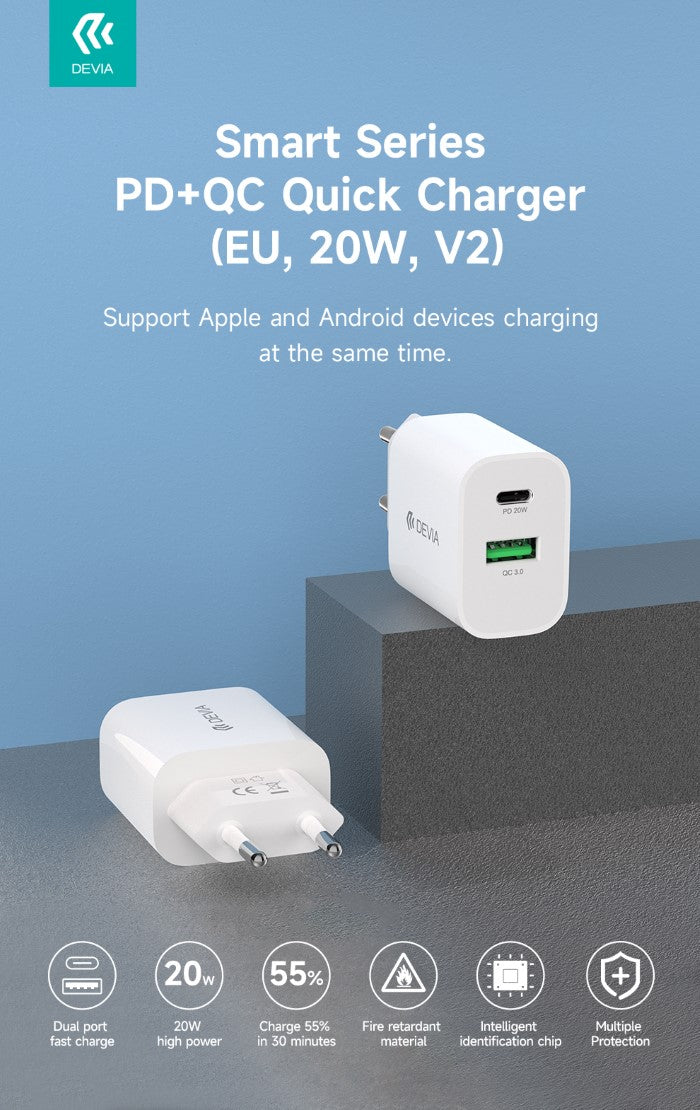 Carica batteria Devia 2 uscite rapido PD+QC Usb-C + Usb-A 20 Watt