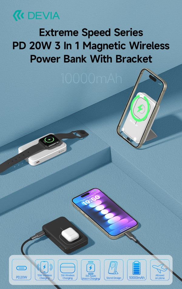 Power bank Magnetico Devia con supporto anche per Apple Watch 20W 10.000 mAh Bianco DEPB20M772W