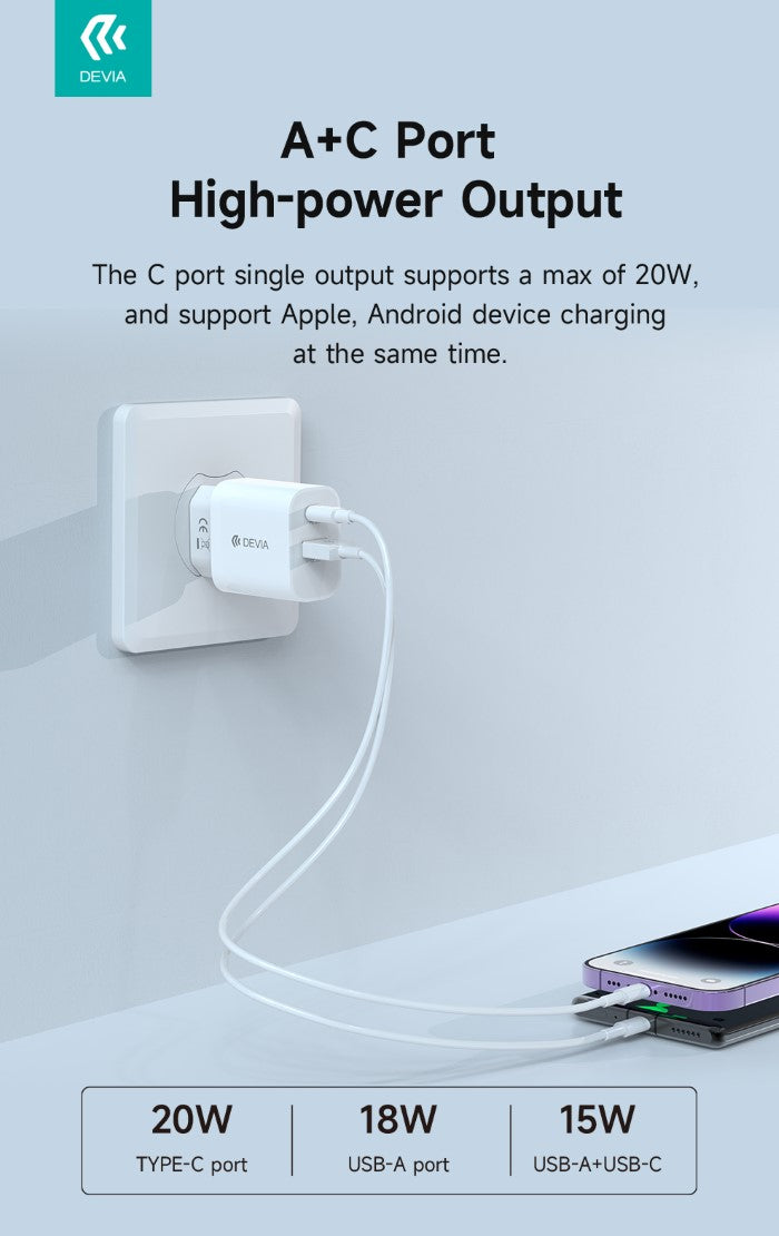 Carica batteria Devia 2 uscite rapido PD+QC Usb-C + Usb-A 20 Watt