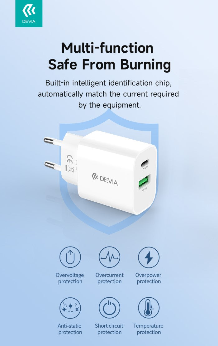 Carica batteria Devia 2 uscite rapido PD+QC Usb-C + Usb-A 20 Watt