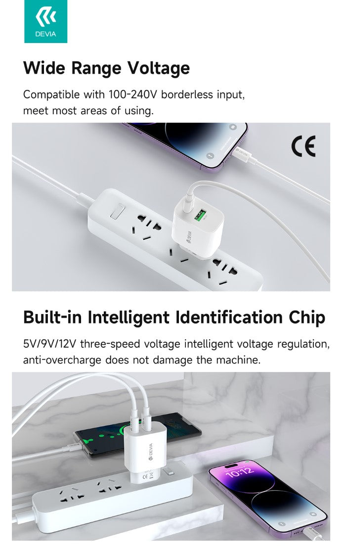 Carica batteria Devia 2 uscite rapido PD+QC Usb-C + Usb-A 20 Watt