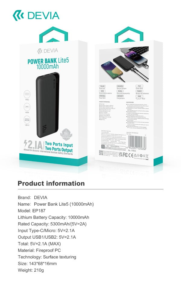 Power Bank Devia Kintone 10.000 mAh 37 Watt Nero DEPB10K636B