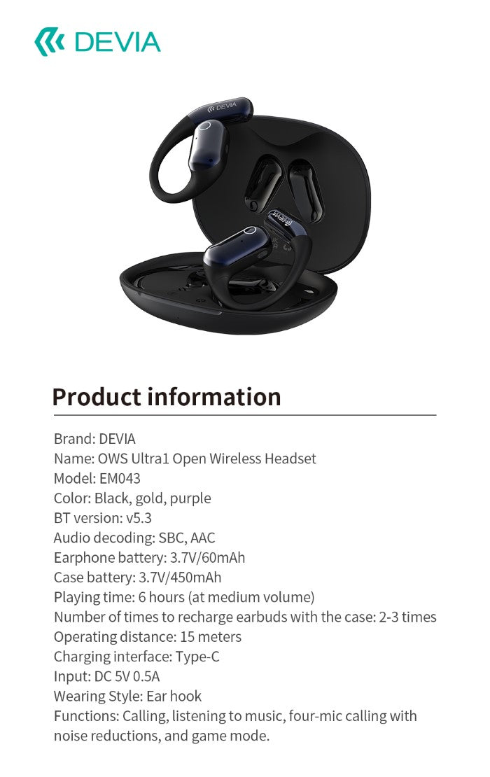 Auricolari EM043 wireless senza inserimento nell'orecchio OWS Ultra1 Neri