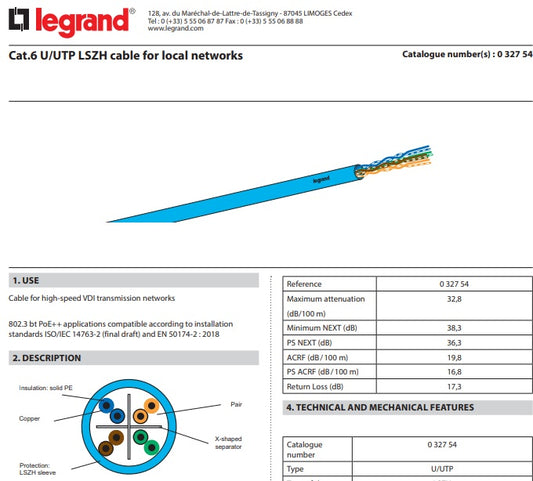 Bticino Cavo AL TAGLIO non schermato U/UTP in categoria 6 con conduttori a 23AWG 4 coppie a conduttori twistati - 032754