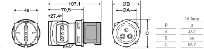 Rosi Adattatore da spina industriale 230V 2P+T a 2 prese bipasso 10A/16A e 1 presa schuko/bipasso 10A/16A, IP20 1878