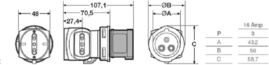 Rosi Adattatore da spina industriale 230V 2P+T a 2 prese bipasso 10A/16A e 1 presa schuko/bipasso 10A/16A, IP20 1878
