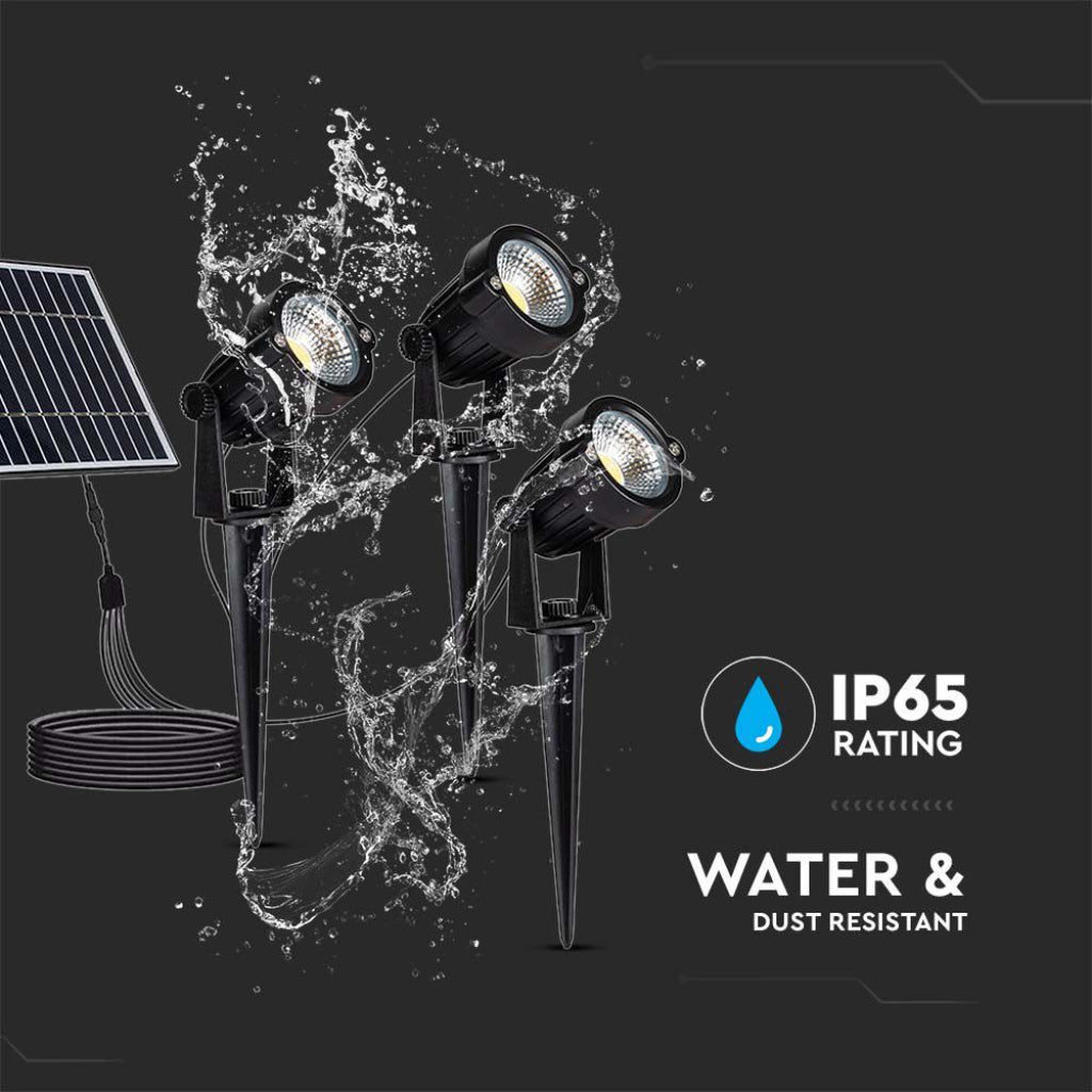 V-TAC 3x Faretti LED COB da Giardino 1.2W con Picchetti, Pannello Solare 5W e Batteria di Accumulo 4000mAh Colore Nero 3000K IP65 20489 VT-11032