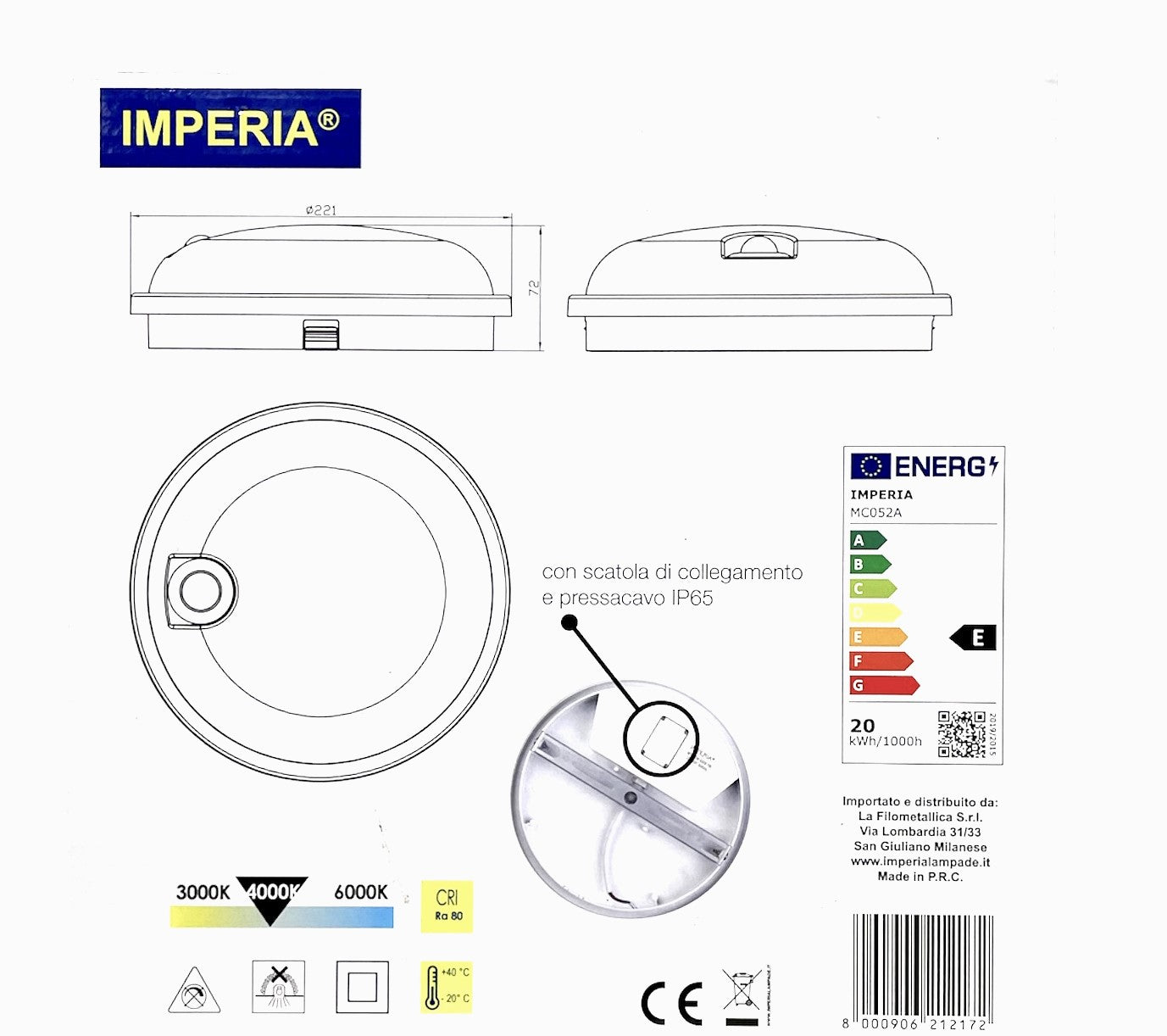 Imperia Plafoniera iMantegna sensor IP65 4000k luce naturale 20W 2200lm PIR+sensore luce naturale 212172