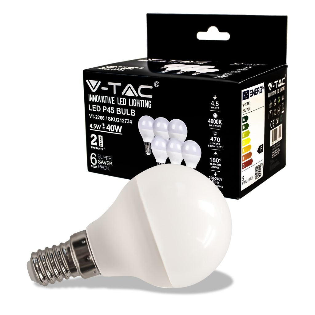 Lampadina LED V-TAC E14 4,5W P45 4000K (Box 6 pezzi) SKU 212734