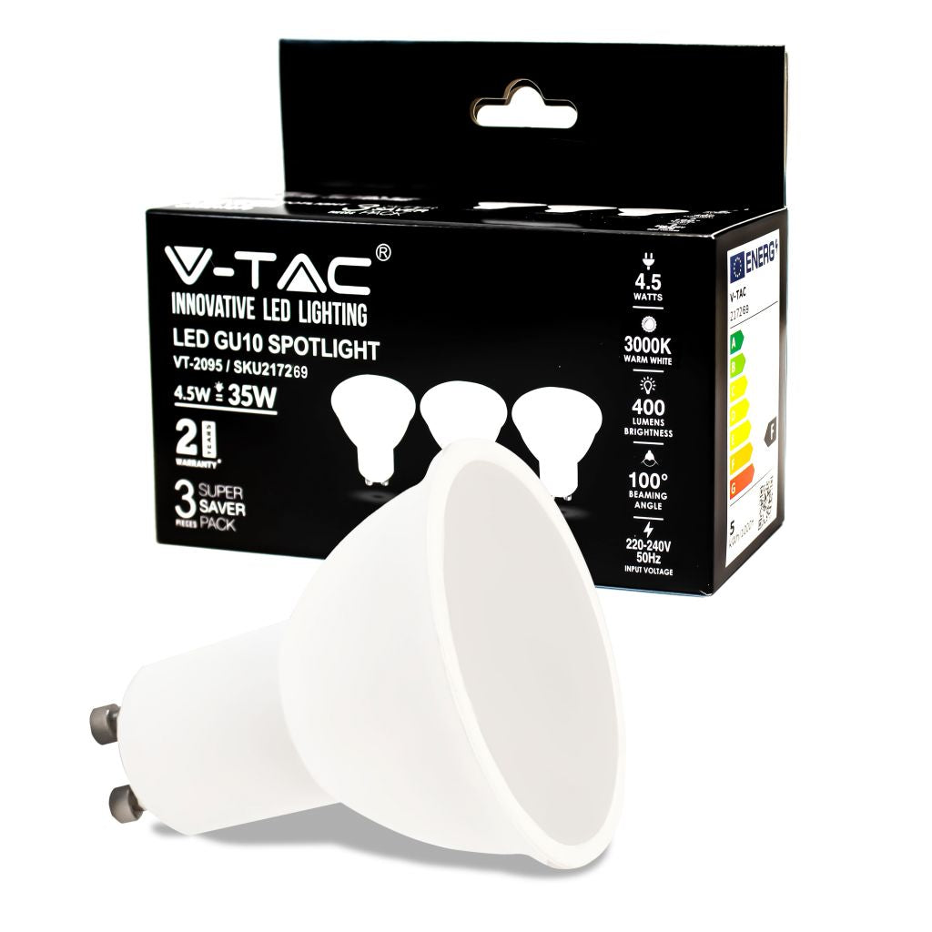 Faretto LED V-TAC GU10 4,5W 100° Copertura Satinata 3000K (Box 3 Pezzi) SKU 217269