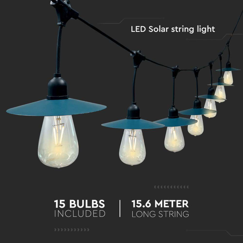 Catenaria V-TAC 15.6m per 15 lampadine LED ST64 a Filamento Con Pannello Solare Colore Nero 3000K IP44 SKU 23034 VT-715S