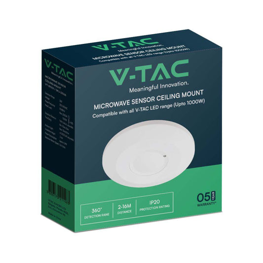 V-TAC Sensore di Movimento Microonde 1000W Rilevamento a 360° Montaggio a Plafone Colore BiancoColore Bianco 23163