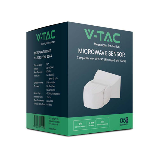 V-TAC Sensore di Movimento a microonde 180° 300W Montaggio a Parete Colore Bianco IP65 23164