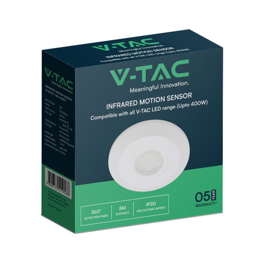 V-TAC Sensore PIR a Infrarossi 400W Rilevamento a 360° Montaggio a Plafone Colore Bianco 23427