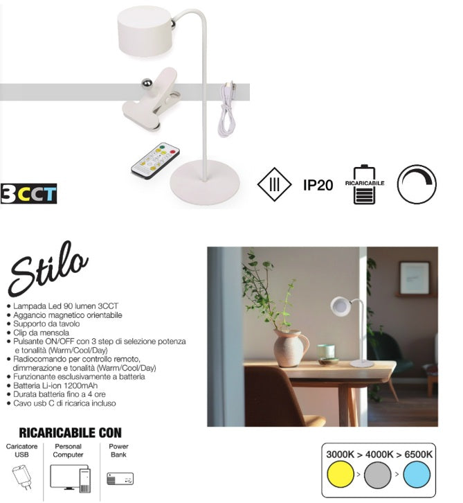 Imperia Lampada da tavolo led Stilo ricaricabile e dimmerabile con USB-C 3CCT 90LM (warm-cool-day) con telecomando e accessori 300374