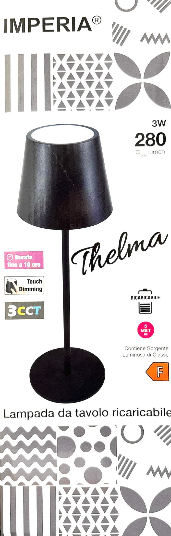 Imperia Lampada da tavolo led ricaricabile dimmerabile Thelma 3000k-4000k-5000k 3W 280lm nera 300480