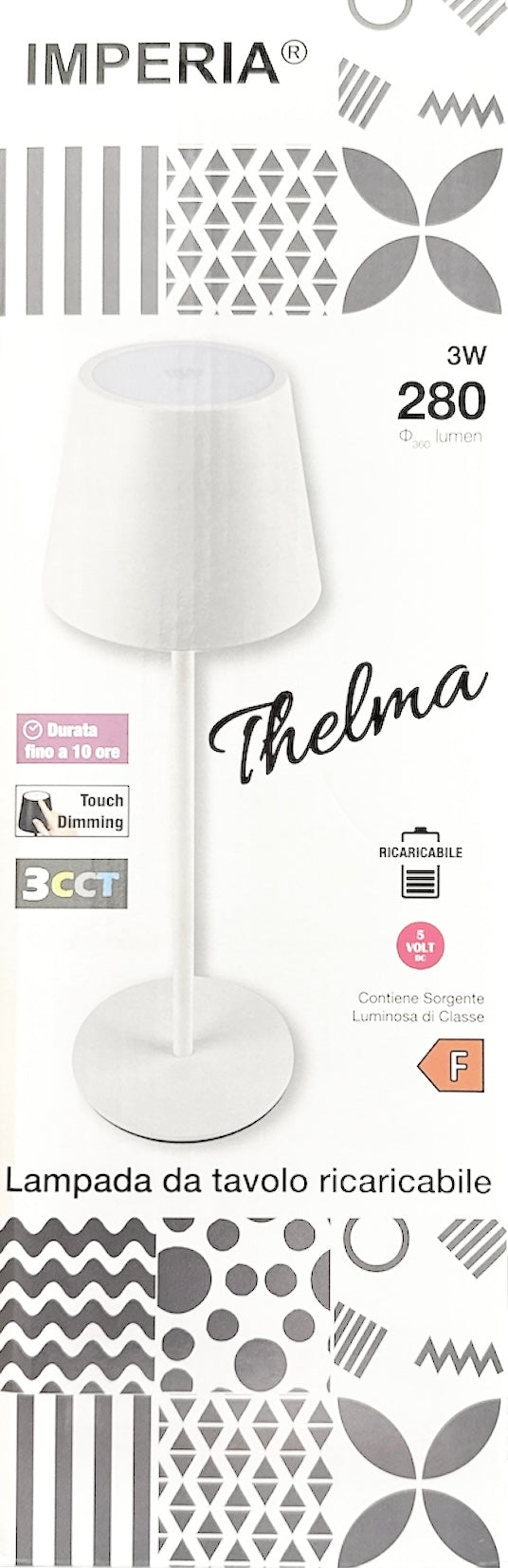 Imperia Lampada da tavolo led ricaricabile dimmerabile Thelma 3000k-4000k-5000k 3W 280lm bianco 300497