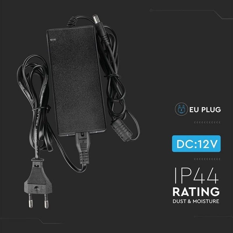 Alimentatore per Strip V-TAC LED 30W 12V 2.5A Plug and Play con Jack 2.1 e Cavo 2.4m con Spina, Protezione EMI e Cortocircuito IP44 SKU 3238