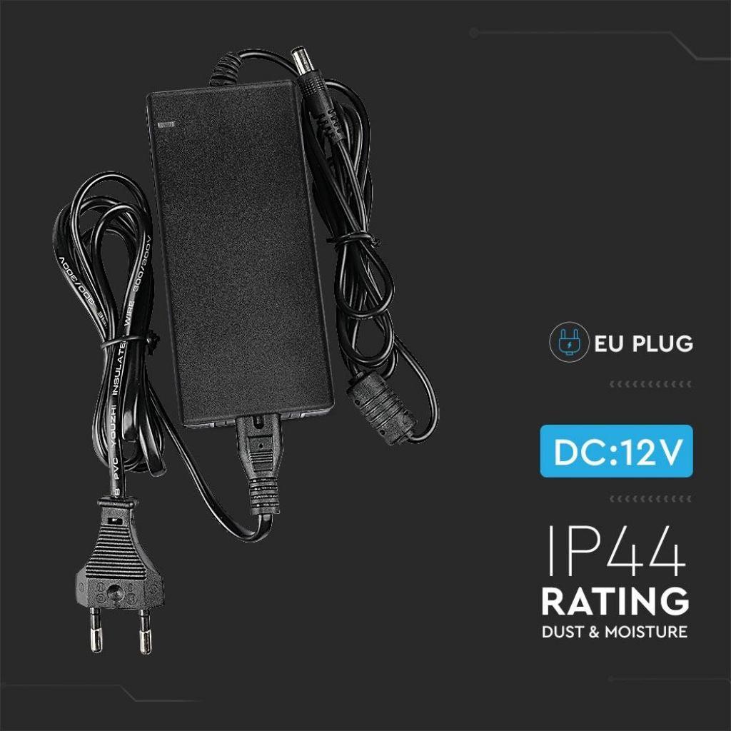 Alimentatore per Strip V-TAC LED 60W 12V 5A Plug and Play con Jack 2.1 e Cavo 2.4m con Spina, Protezione EMI e Cortocircuito IP44 SKU 3239