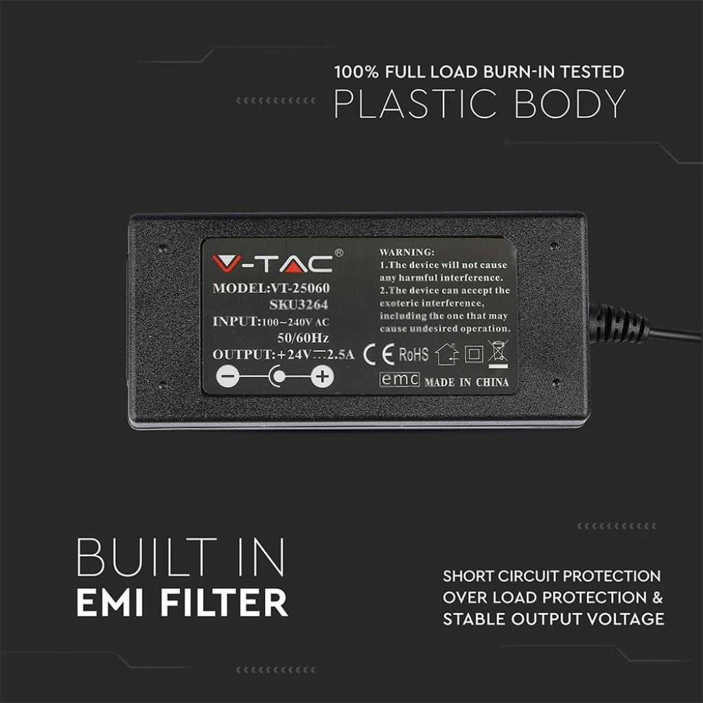 Alimentatore per Strip LED V-TAC 60W 24V 2.5A Plug and Play con Jack 2.1 e Cavo 2.4m con Spina, Protezione EMI e Cortocircuito IP44 SKU 3264