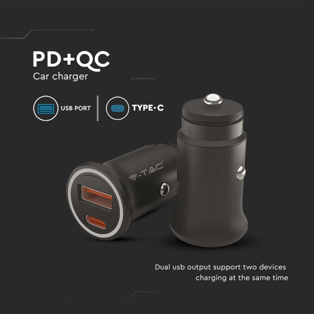 Caricatore per Auto V-TAC Presa Accendisigari con 2 Porte USB Tipo-C 20W e USB-A 18W SKU 7744