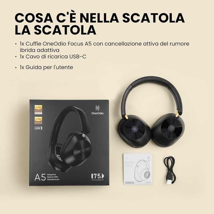 Cuffie Bluetooth Wireless Nero OneOdio Focus A5 Dual Hi-Res CE con ANC ONEOA5486B