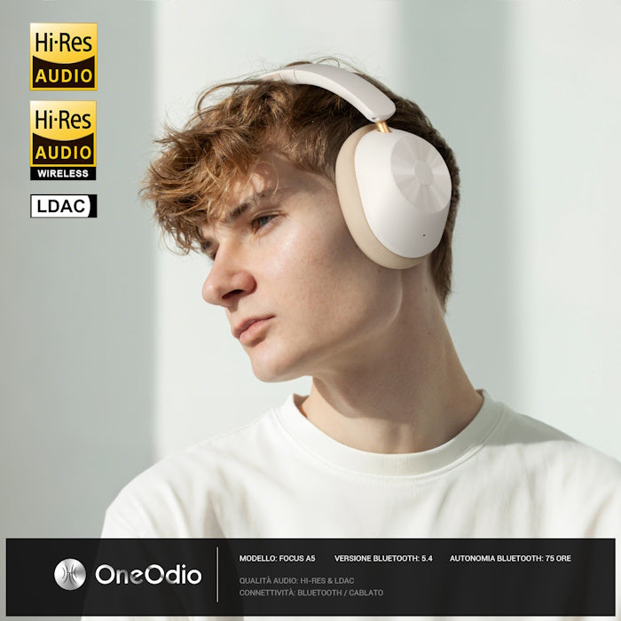 Cuffie Bluetooth Wireless Bianco OneOdio Focus A5 Dual Hi-Res CE con ANC ONEOA5530W