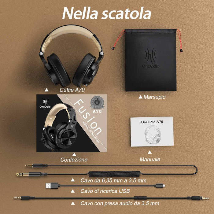 Cuffie Bluetooth Wireless Nero Oro OneOdio Fusion A70 Hi-Res , Cavo e Microfono ONEOA7035BG