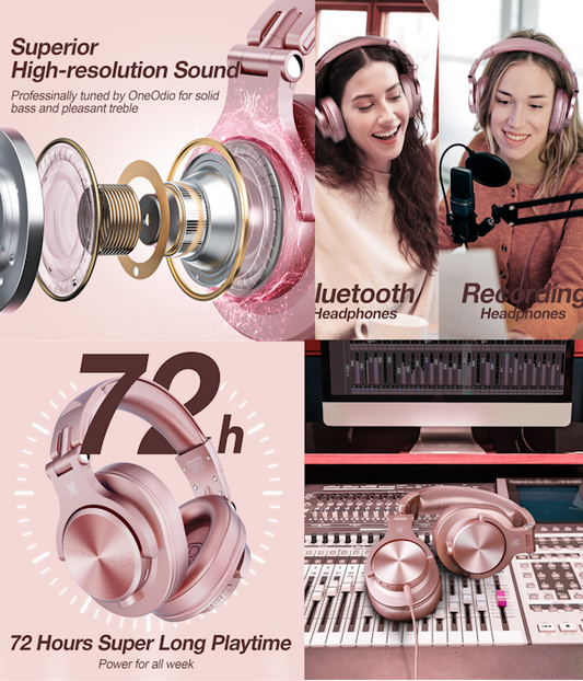 Cuffie Bluetooth Wireless Rosa Oro OneOdio Fusion A70 Hi-Res, Cavo e Microfono ONEOA70755P