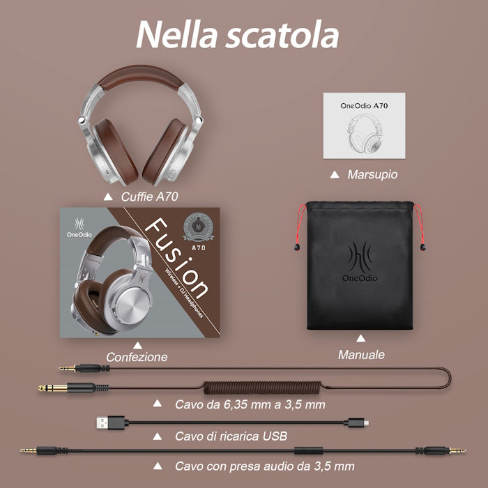Cuffie Bluetooth Wireless Argento/Marrone OneOdio Fusion A70 Hi-Res e c/Cavo ONEOA70038S