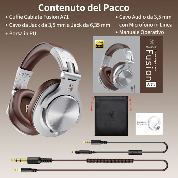 Cuffie con filo Argento/Marrone OneOdio A71 Hi-Res DJ Cablate Audio Stereo ONEOA71168S