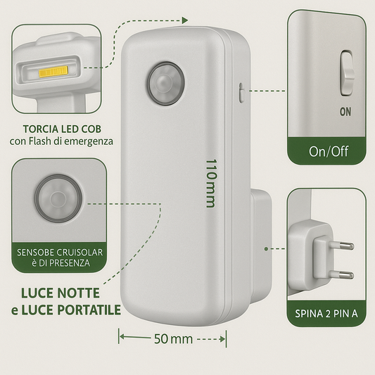 Luce notte Imperia led con sensore e torcia di emergenza 3 in 1 luce notte 12 lumen torcia 50lumen ricaricabile 300701