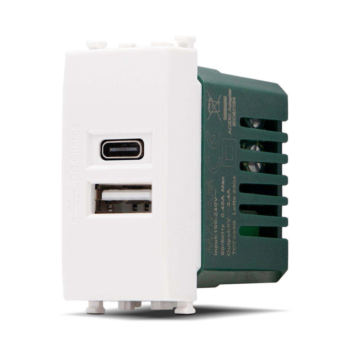 Presa USB 2.4A A+C GEM Bianco compatibile con Vimar Plana MAPAM F633BI