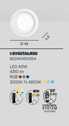 FANEUROPE Plafoniera Rotonda RGB LED 40W 4315 lm con struttura in metallo e acrilico bianco, I-DYGITALR50