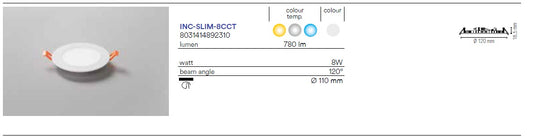 Faretto ad incasso LED SLIM ultrasottile in alluminio bianco 8W 780LM 120X1,85mm con funzione CCT