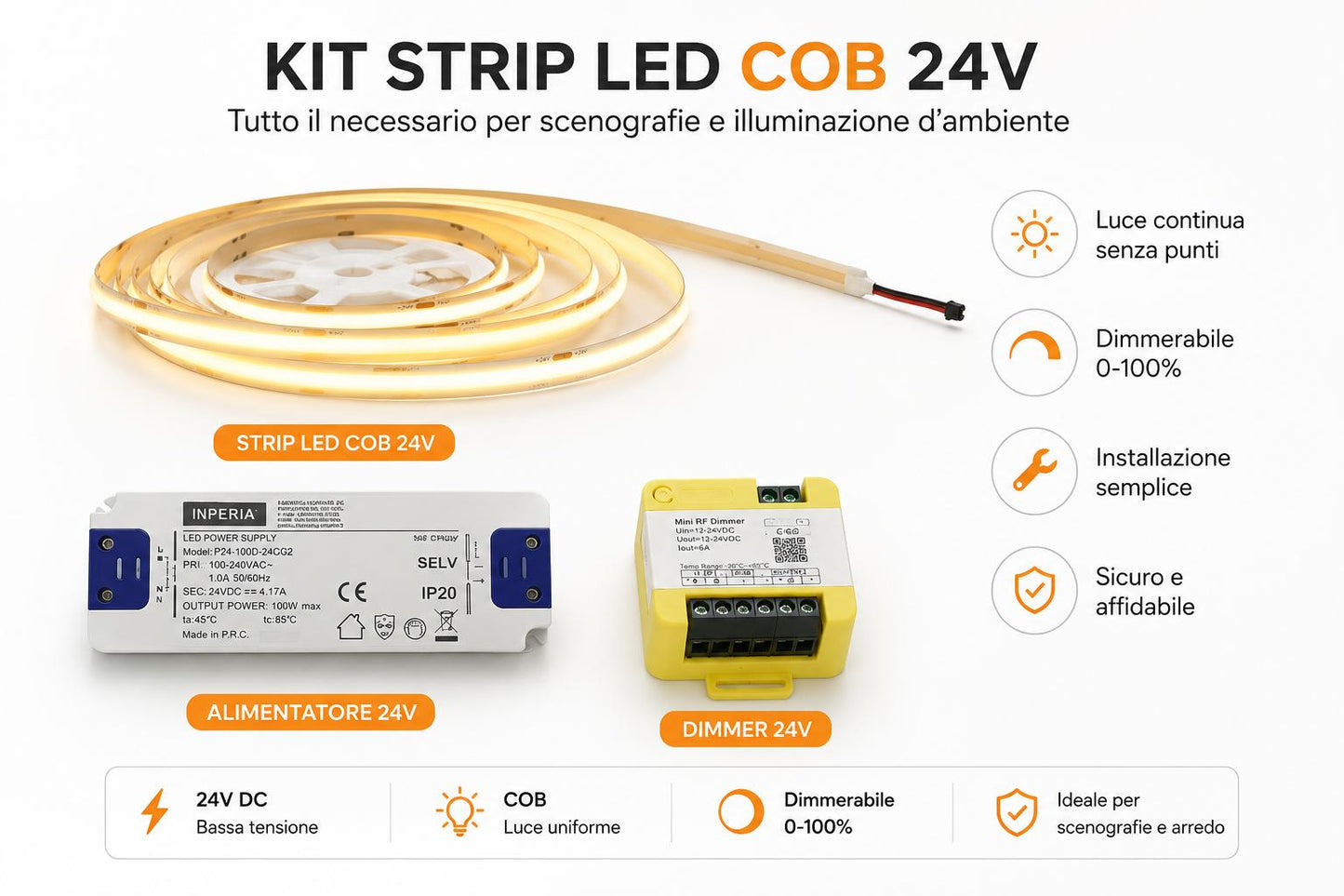 KIT STRIPLED 24V COB DIGITAL DINAMICA 5MT A SCELTA 2700K /3000K/4000K/6500K + ALIMENTATORE 24V + CONTROLLER DIMMERFORREST EFFETTO RUN