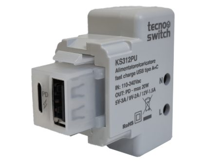 Alimentatore/caricatore USB tipo A+C PD 20W 5V – tecno switch KS312PU