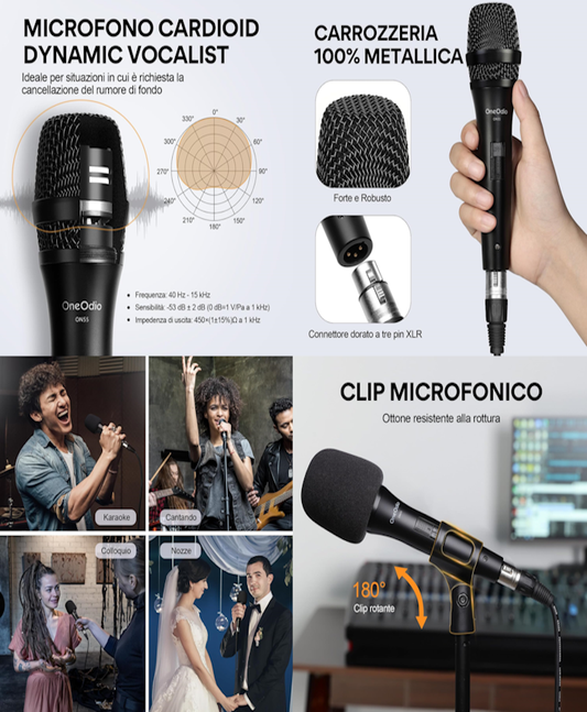 Microfono Vocale DinamicoOneOdio ON55 Cardioide con Cavo XLR da 5 m e Supporto per Clip UNOON55793B