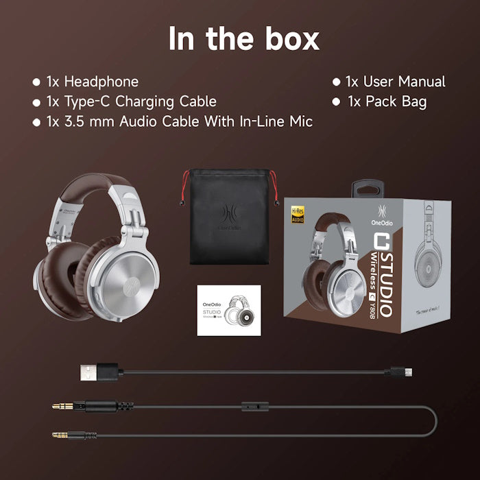 Cuffie Bluetooth Wireless Argento/Marrone OneOdio Studio C Hi-Res 5.0 ONEOPC585S