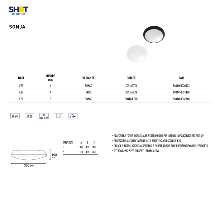 BOT LIGHTING SONJAE27B plafoniera tonda bianca attacco 2 portalampade E27