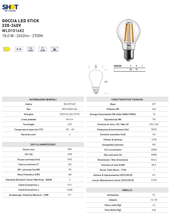 BOT LIGHTING lampadina goccia led E27 18W 2452LM 4000K luce calda vetro trasparente WLD1016X3