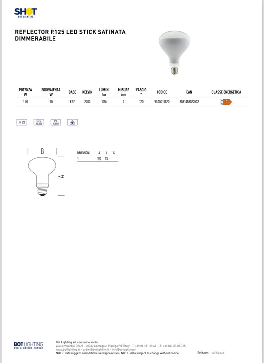 BOT LIGHTING reflector R125 led 11W 2700K 1055LM satinata dimmerabile WLD501152D