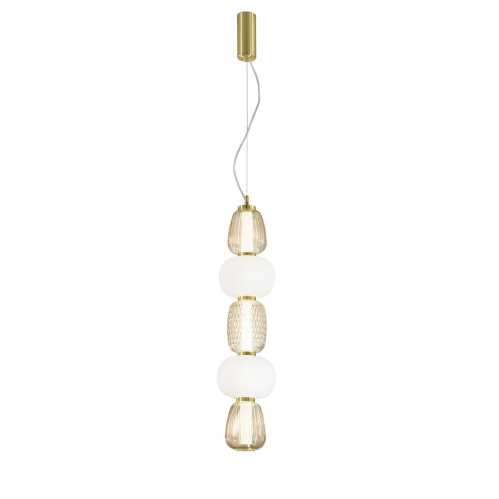 Lampadario a sospensione LED TOTEM in metallo oro con 3 diffusori bianchi e ambra 3000K LED-TOTEM-S5