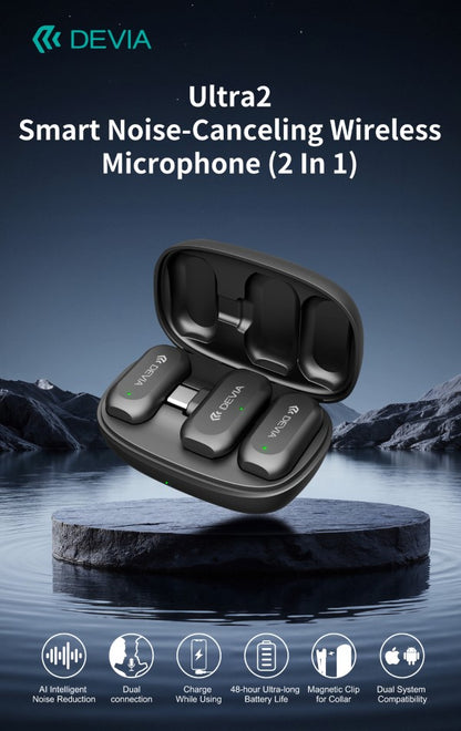 Doppio Microfono Wireless con Riduzione Rumore AI e Clip Magnetica connessione tipo-C e Lightning