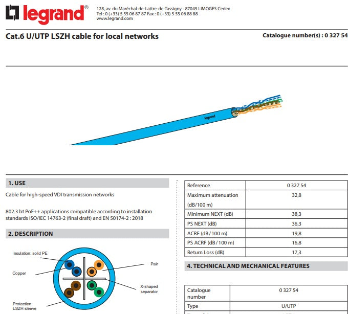 Bticino Cavo AL TAGLIO non schermato U/UTP in categoria 6 con conduttori a 23AWG 4 coppie a conduttori twistati -  032754