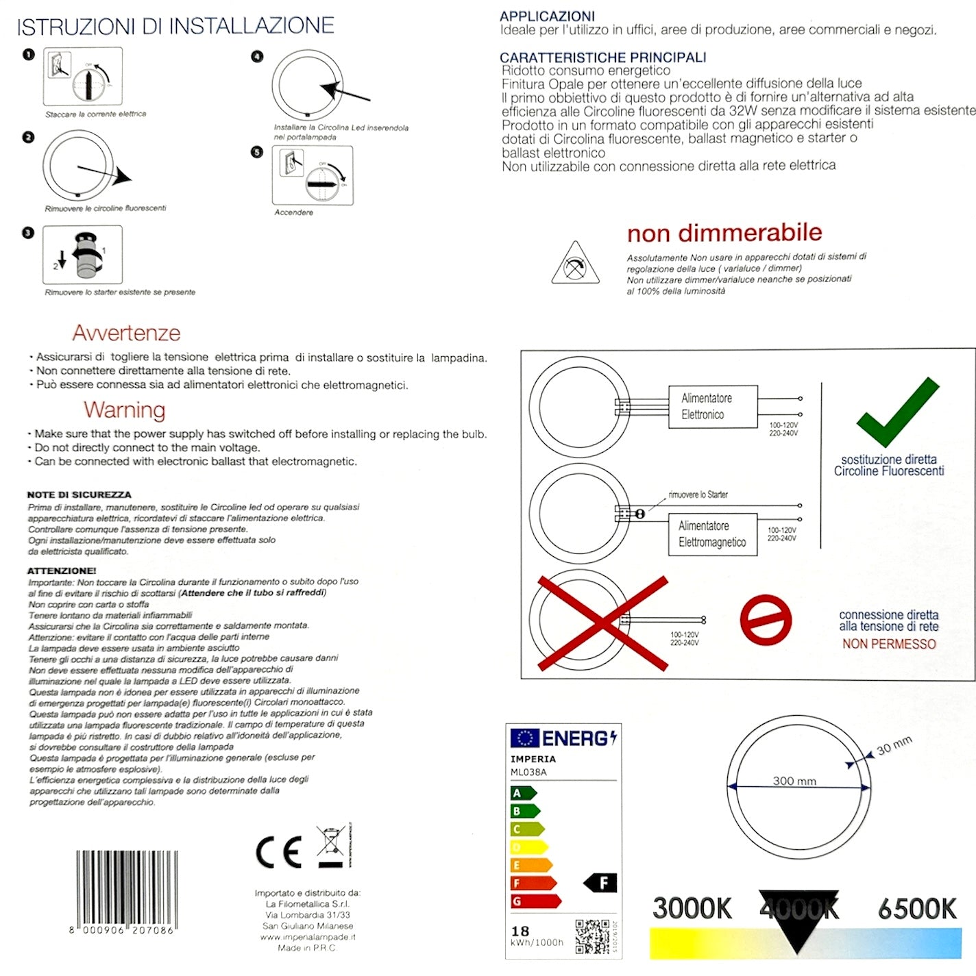 Imperia Circolina a led G10Q 18W 4000K LUCE NATURALE d.30 cm 207086