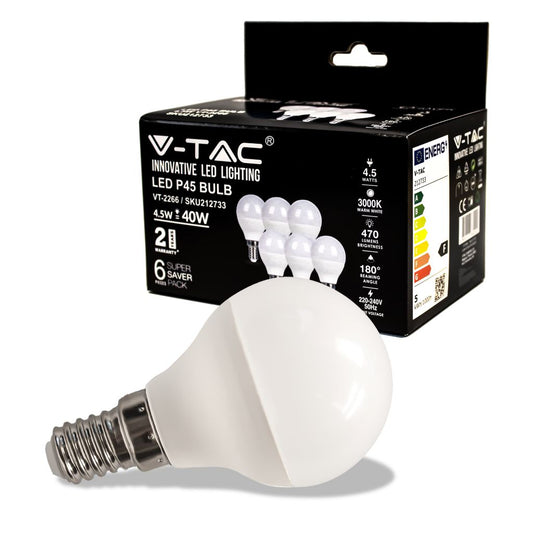 Lampadina LED V-TAC E14 4,5W P45 3000K (Box 6 pezzi) SKU 212733