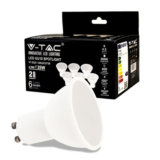 Faretto LED V-TAC GU10 4,5W 100° Copertura Satinata 3000K (Box 6 Pezzi) SKU 212739