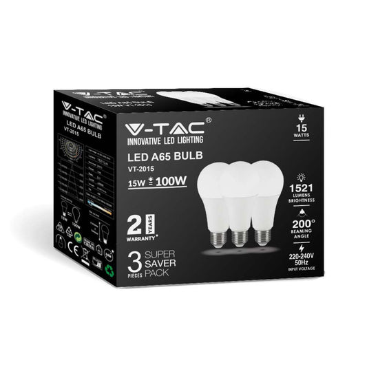 V-TAC KIT 3 PEZZI Lampadina LED E27 15W A65 3000K SKU 212819 VT-2015-3PC