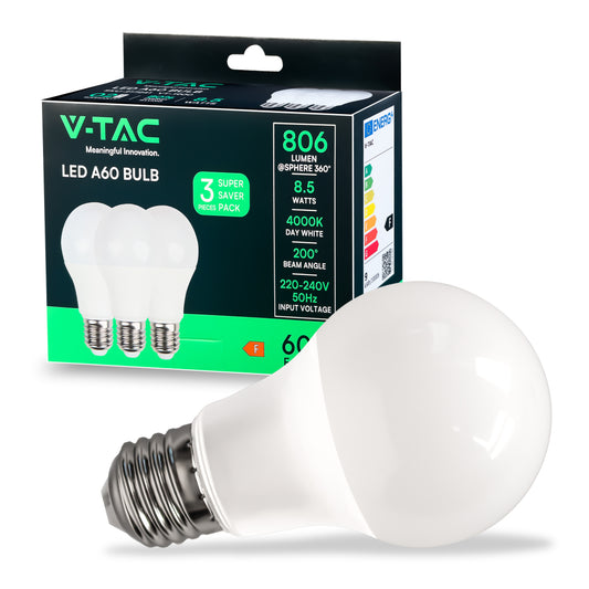 Lampadina LED V-TAC E27 8,5W A60 4000K (Box 3 pezzi) SKU 217241